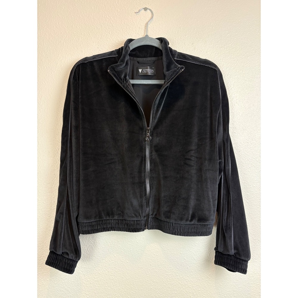 Victorias Secret Jacket On Point Black Corduroy Velour Full Zip Bomber Large